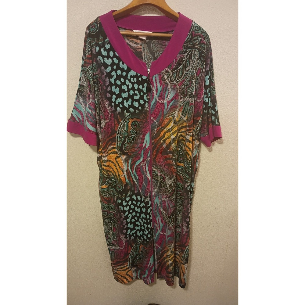 Diamond Tea Zip Front Robe House Dress Med Animal Paisley Magenta Teal Bohemian.